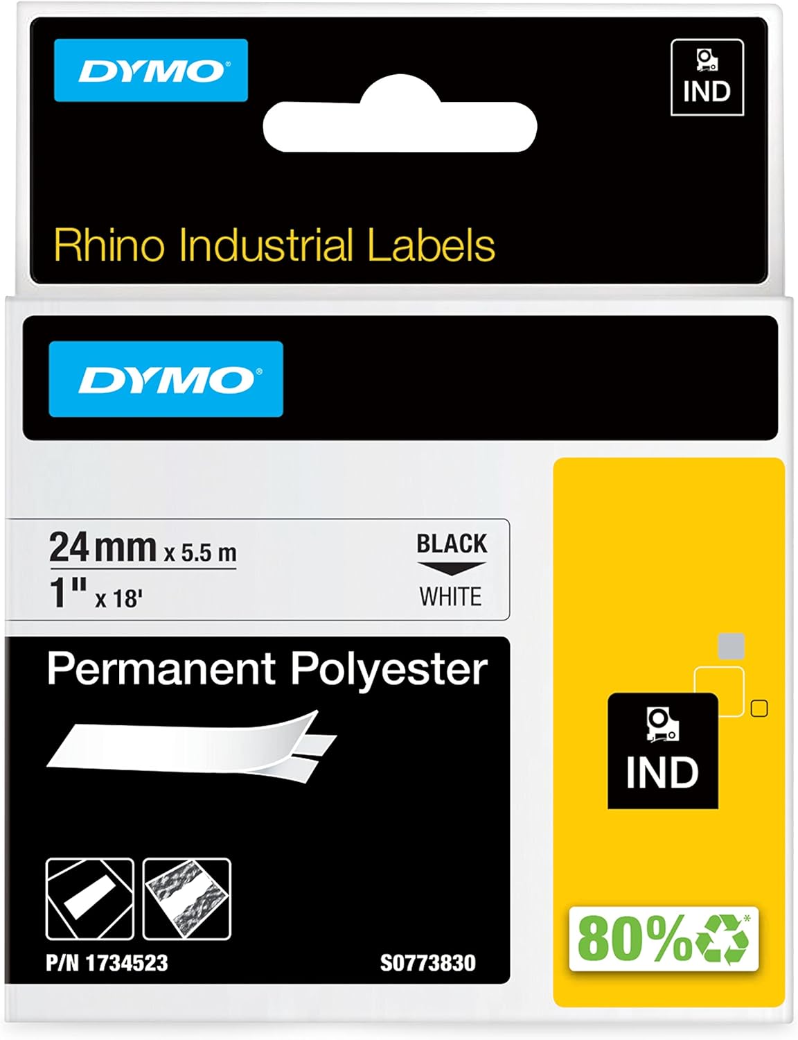 DYMO Rhino Industrial Permanent Polyester Labels, Black Print on White Tape