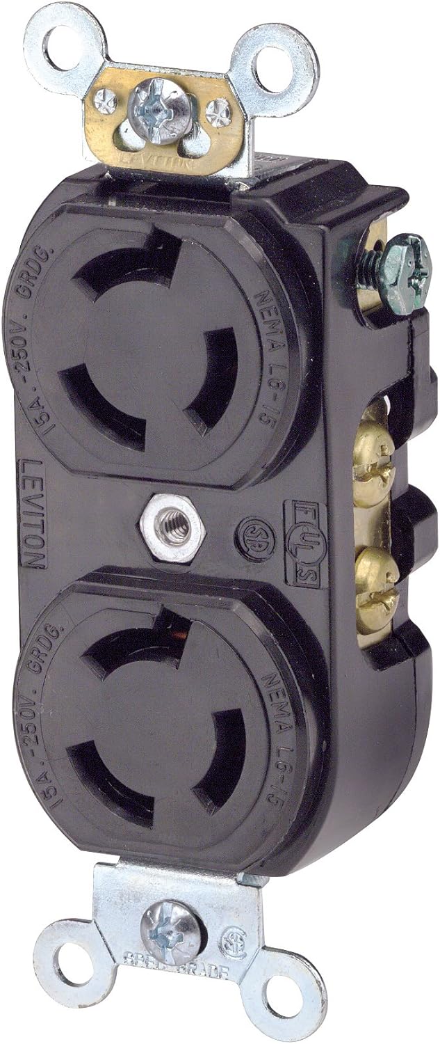 Leviton 15 Amp, 250 Volt, Duplex Locking Receptacle, Industrial Grade, Grounding, 4550, Black