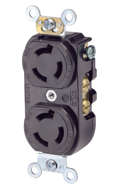 Leviton 15 Amp, 250 Volt, Duplex Locking Receptacle, Industrial Grade, Grounding, 4550, Black