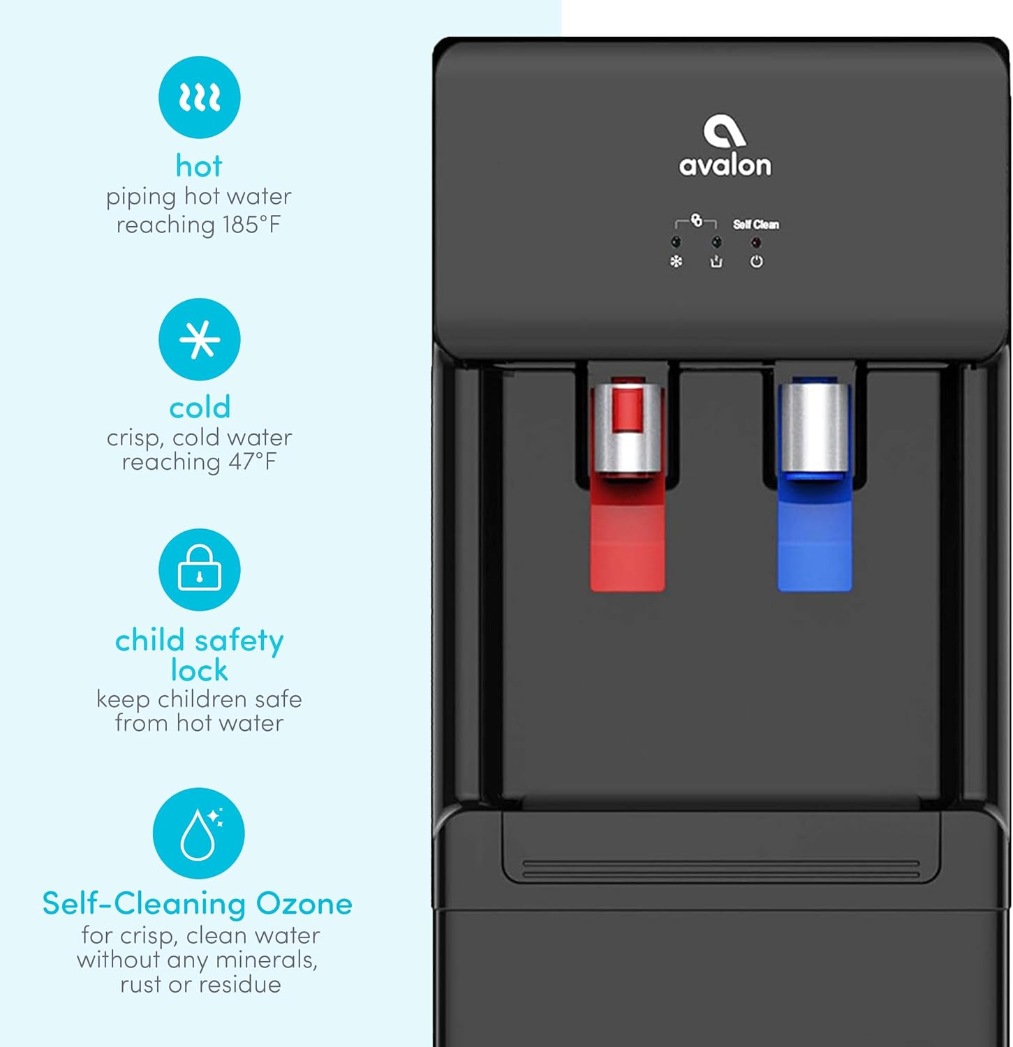 Avalon A6BLWTRCLRBLK Touchless Bottom Loading Cooler Dispenser-Hot & Cold Water, Child Safety Lock, Innovative Slim Design