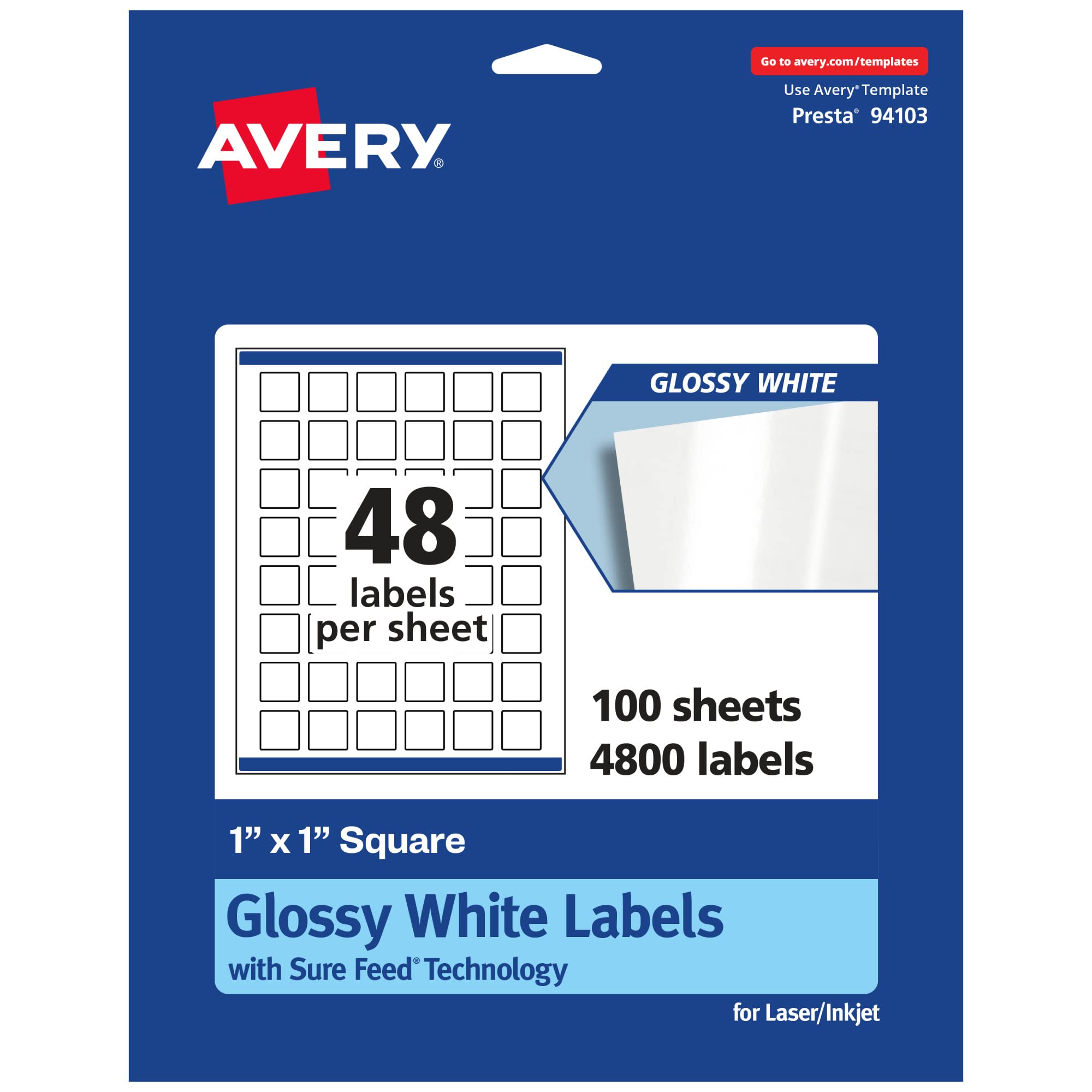 AVERY Glossy White Square Labels, Sure Feed Technology, 1" x 1", Print-to-The-Edge, Permanent Adhesive