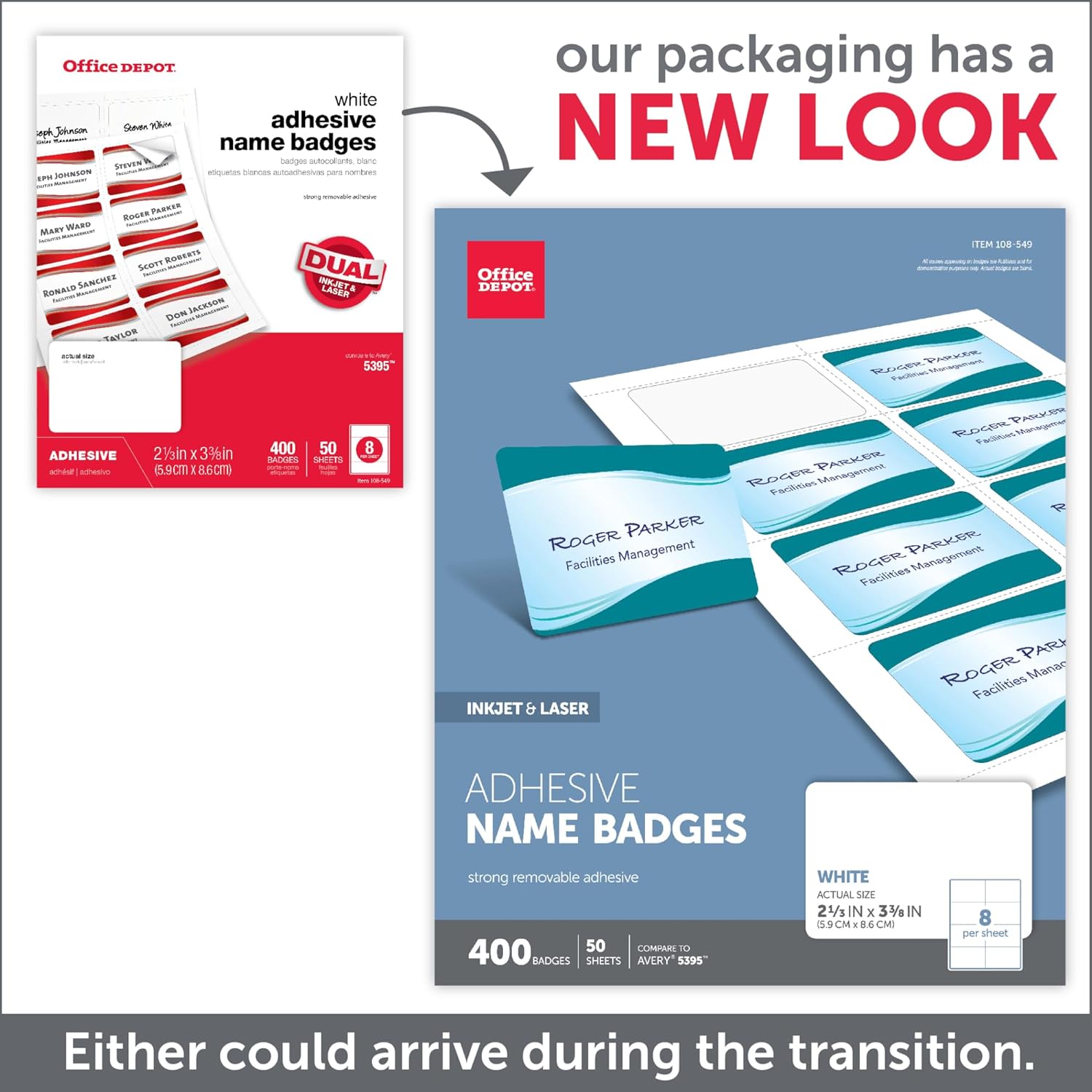 Office Depot Brand Adhesive Name Badges, 2-1/3in x 3-3/8in, White, Pack Of 400