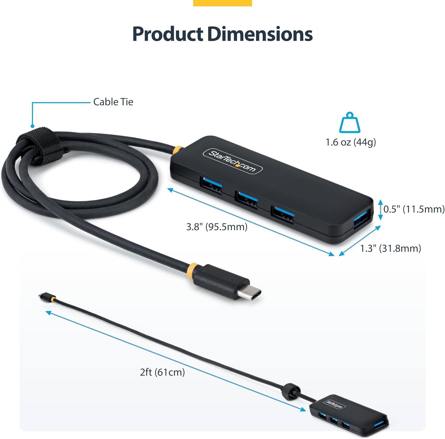 StarTech.com 4-Port USB-C Hub, 5Gbps, Bus Powered, USB-C to 4X USB-A Mini Hub, Extra Long 2ft/61cm Host Cable, PCR Plastic