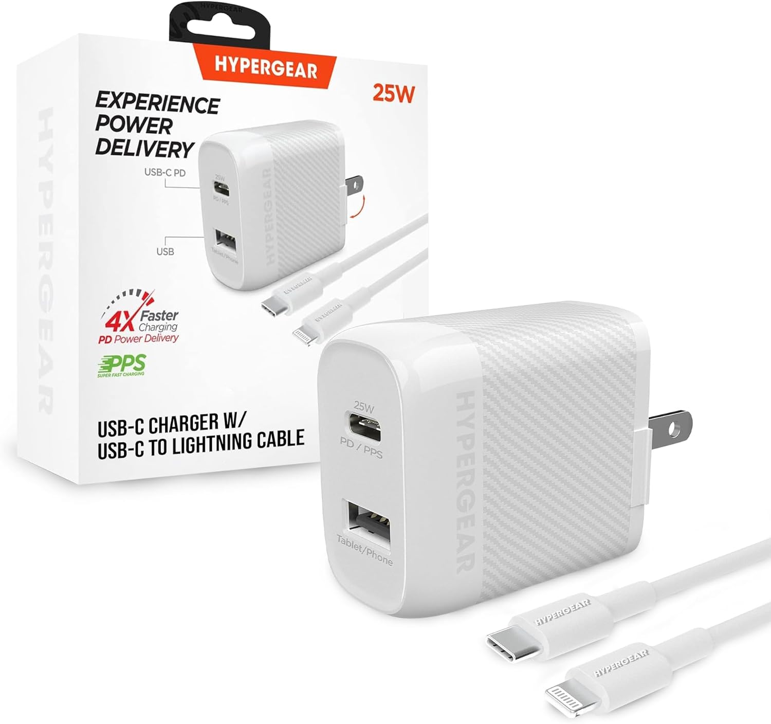 HyperGear USB-C Wall Charger Block - 25W & 12W USB-C to Lightning MFi Certified Cable Dual Port, USB Fast Charger