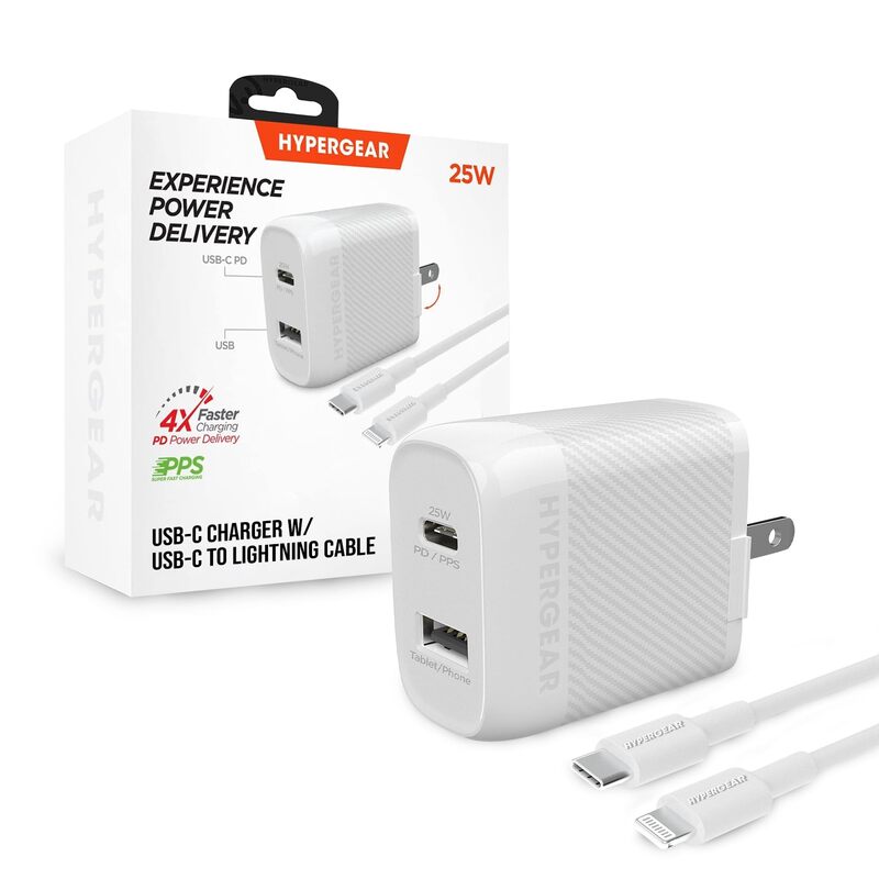 HyperGear USB-C Wall Charger Block - 25W & 12W USB-C to Lightning MFi Certified Cable Dual Port, USB Fast Charger, Compatible with iPhones, iPods, Tablets, Laptops & More - White
