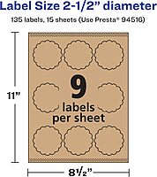 Avery Kraft Brown Round Scalloped Labels, Sure Feed Technology, 2.5" Diameter, 135 Kraft Brown Labels, Print-to-The-Edge, Laser/Inkjet Printable 135 Labels