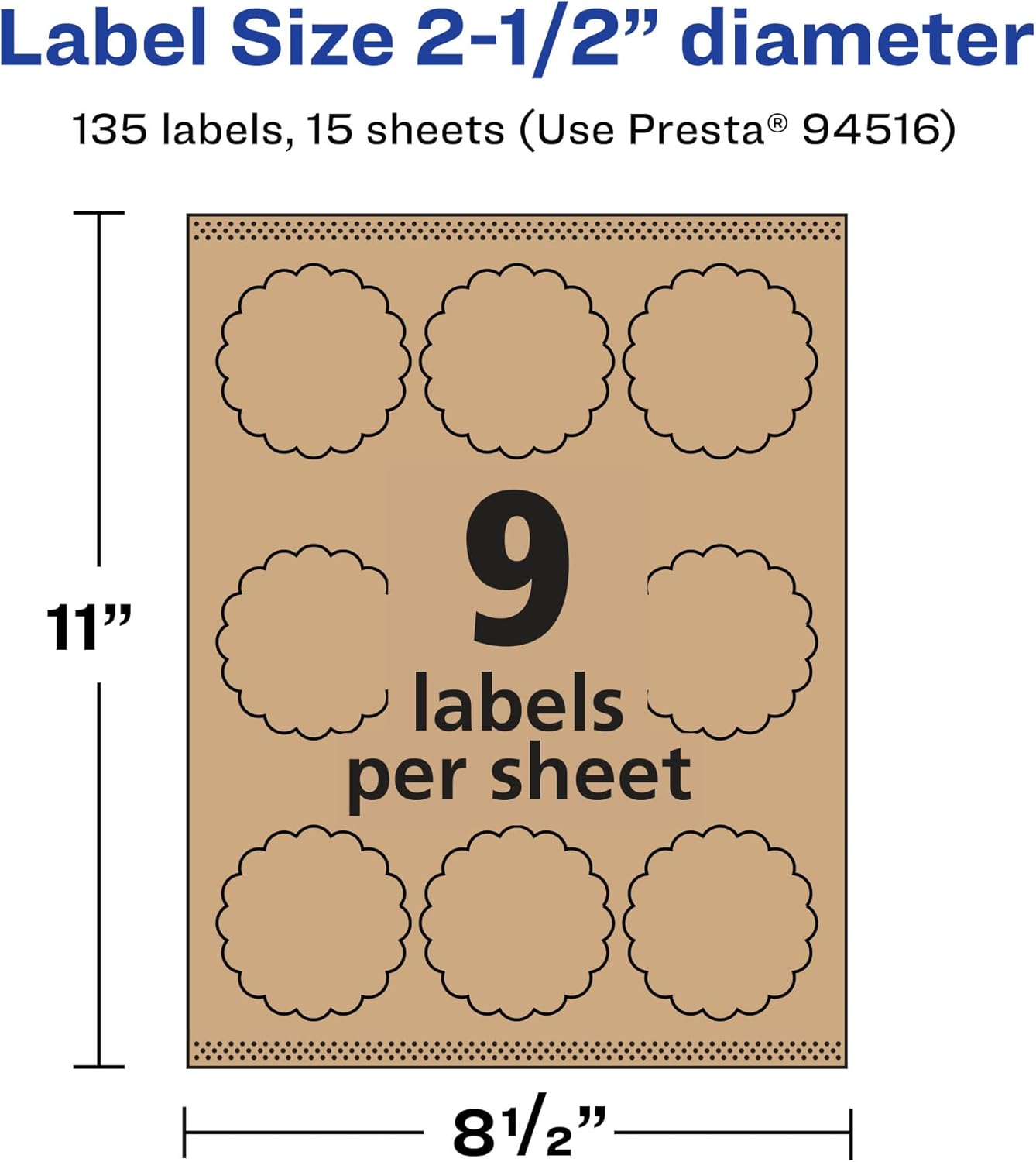 Avery Kraft Brown Round Scalloped Labels, Sure Feed Technology, 2.5" Diameter, 135 Kraft Brown Labels, Print-to-The-Edge