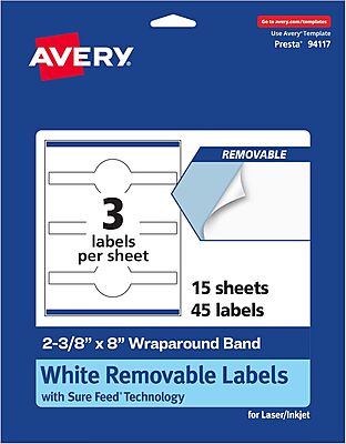Avery Matte White Removable Wraparound Band Labels, Sure Feed Technology, 2-3/8" x 8", Cigar Band Labels, Laser/Inkjet Printable, 45 Total 45 labels