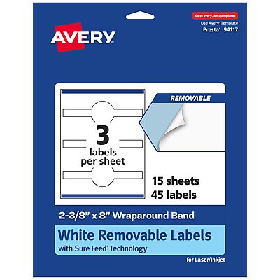 Avery Matte White Removable Wraparound Band Labels, Sure Feed Technology, 2-3/8" x 8", Cigar Band Labels, Laser/Inkjet Printable, 45 Total 45 labels