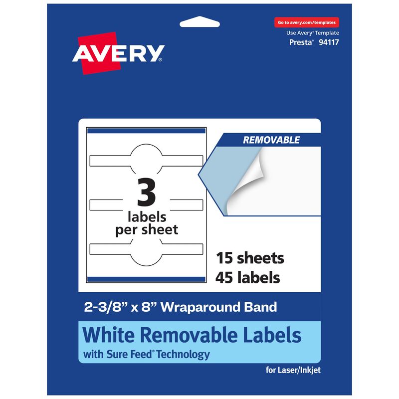Avery Matte White Removable Wraparound Band Labels, Sure Feed Technology, 2-3/8" x 8", Cigar Band Labels, Laser/Inkjet Printable, 45 Total 45 labels