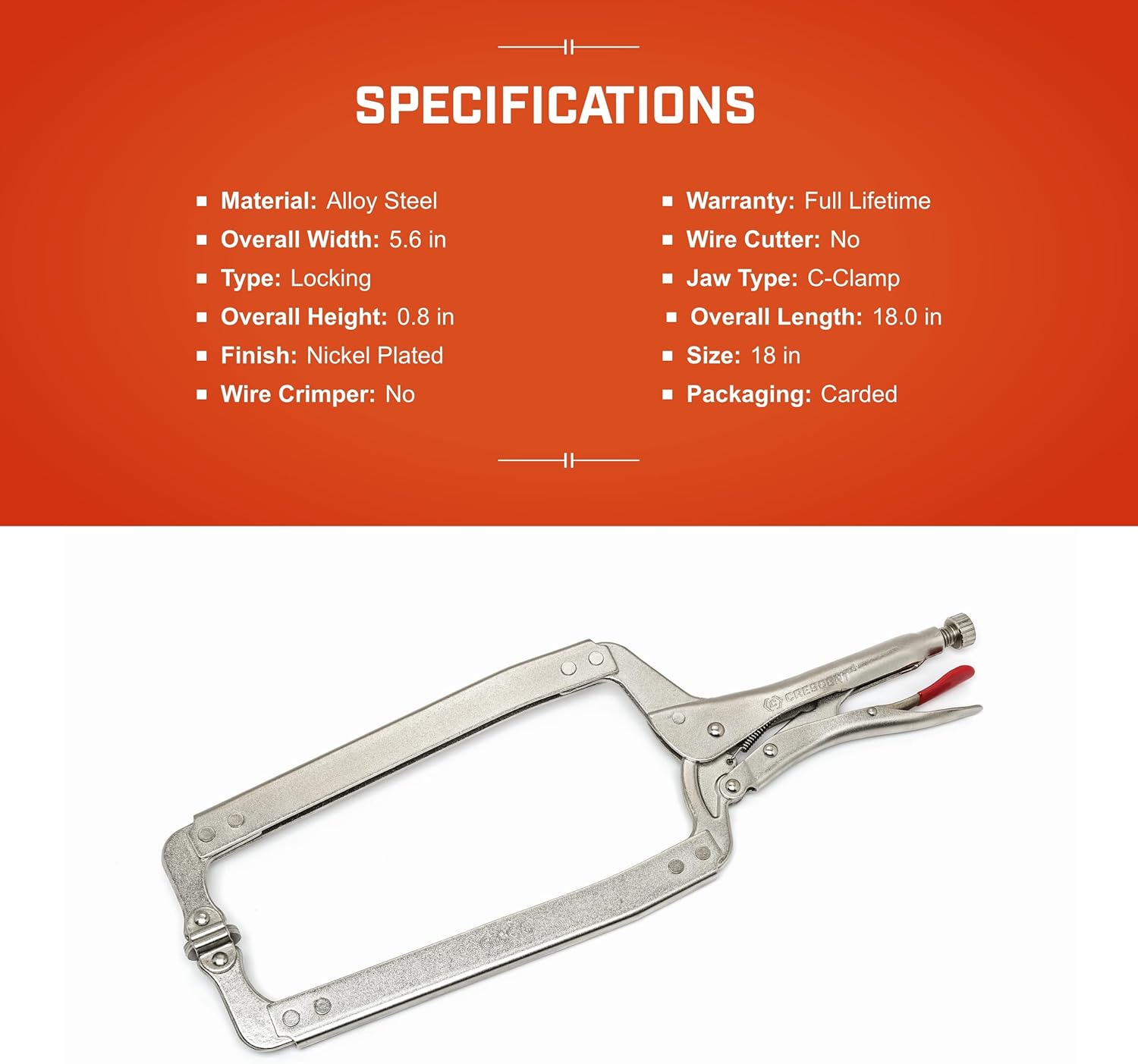 Crescent Locking C-Clamp - Heavy-Duty, Adjustable Metal Clamp with Compound Action & Hex Key Receiver - C18CCSN - 18", Red