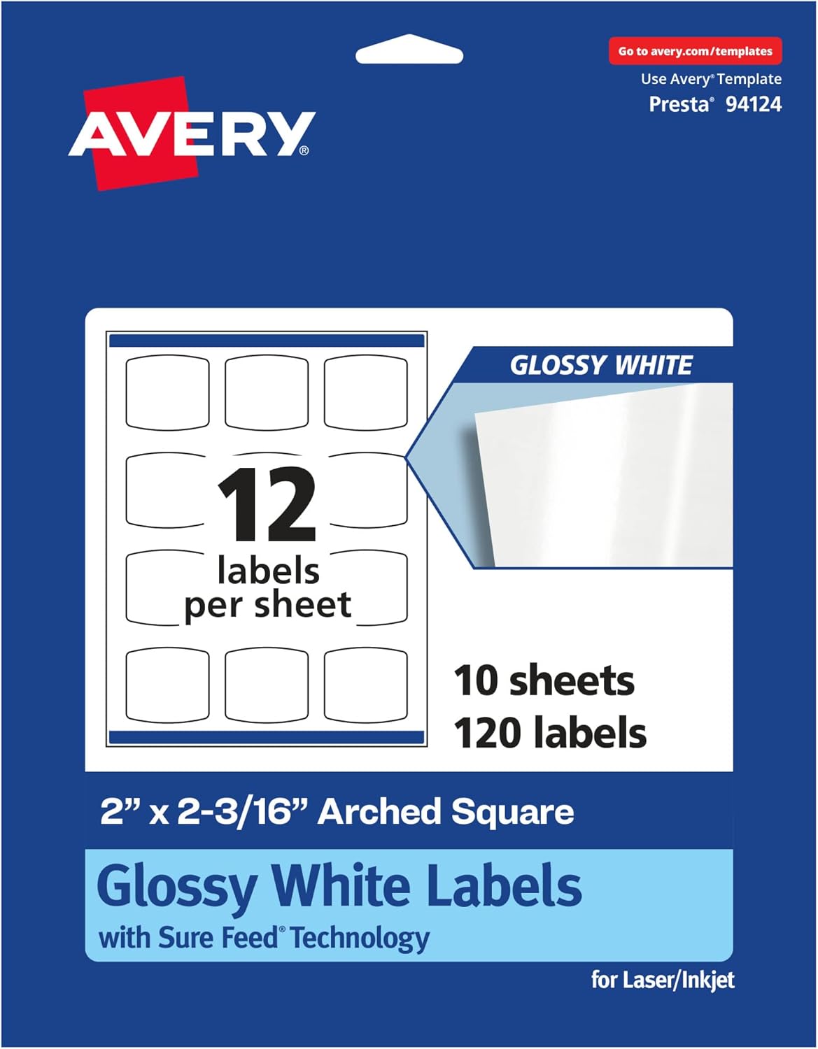 Avery Glossy White Arched Square Labels, Sure Feed Technology, 2" x 2-3/16", 120 Glossy White Labels, Print-to-The-Edge