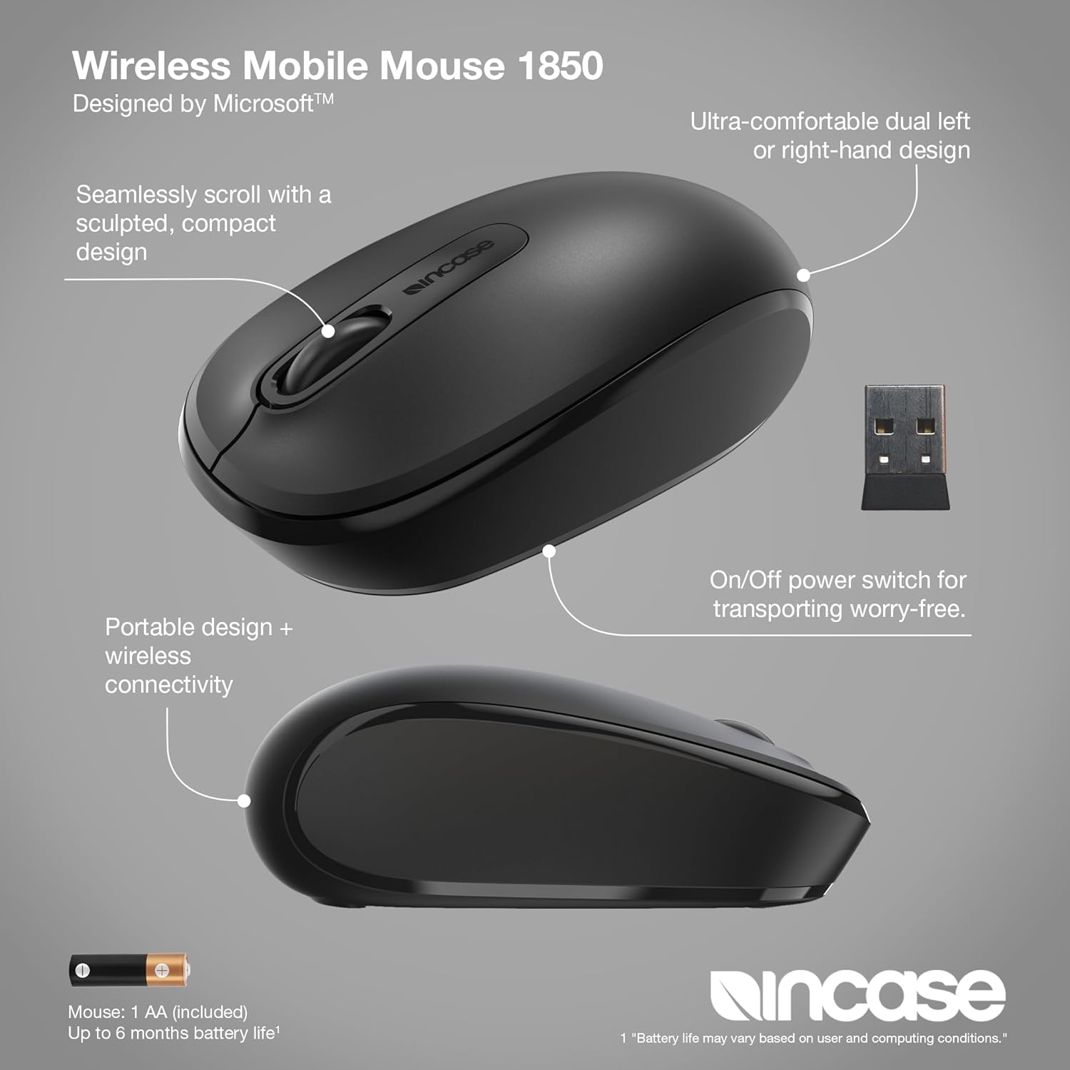 Incase Wireless Mobile Mouse 1850 – Designed by Microsoft – Compact, Comfortable, Right/Left Hand Use, 6-Month Battery Life