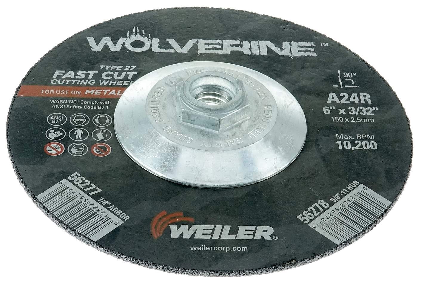 Weiler 56278 6 Inch Cutting Wheel, Wolverine AO Steel/Metal Fast Cutting, 3/32" A24R Type 27 5/8"-11 Hub