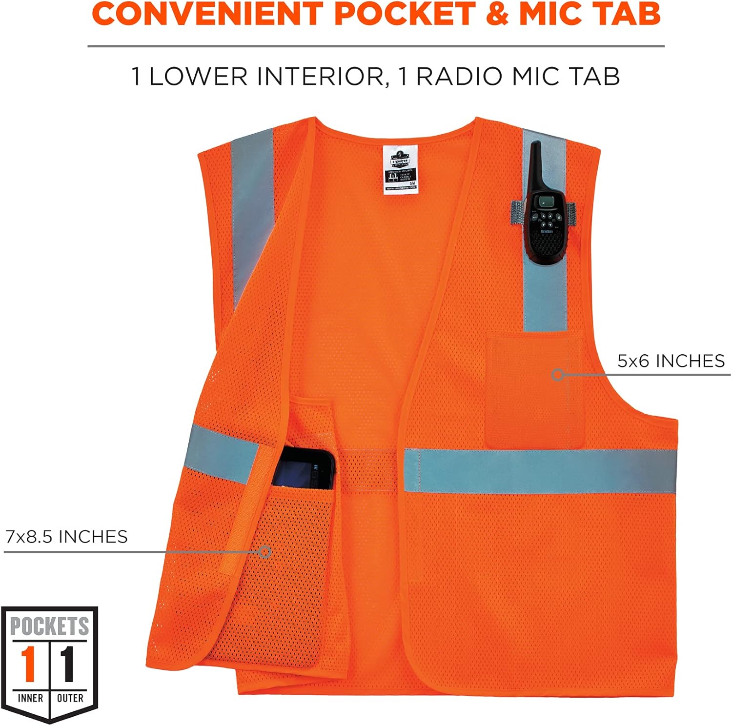 Ergodyne GloWear 8210HL Reflective Safety Vest, High Visibility Mesh, Interior and Exterior Pocket, Class 2, Type R