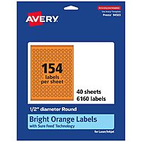 Avery Printable Round Labels, Sure Feed Technology, 1/2" Diameter, Bright Orange, Print-to-the-Edge, Laser/Inkjet