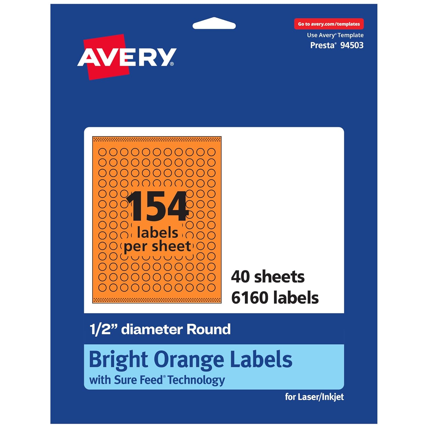 Avery Printable Round Labels, Sure Feed Technology, 1/2" Diameter, Bright Orange, Print-to-the-Edge, Laser/Inkjet