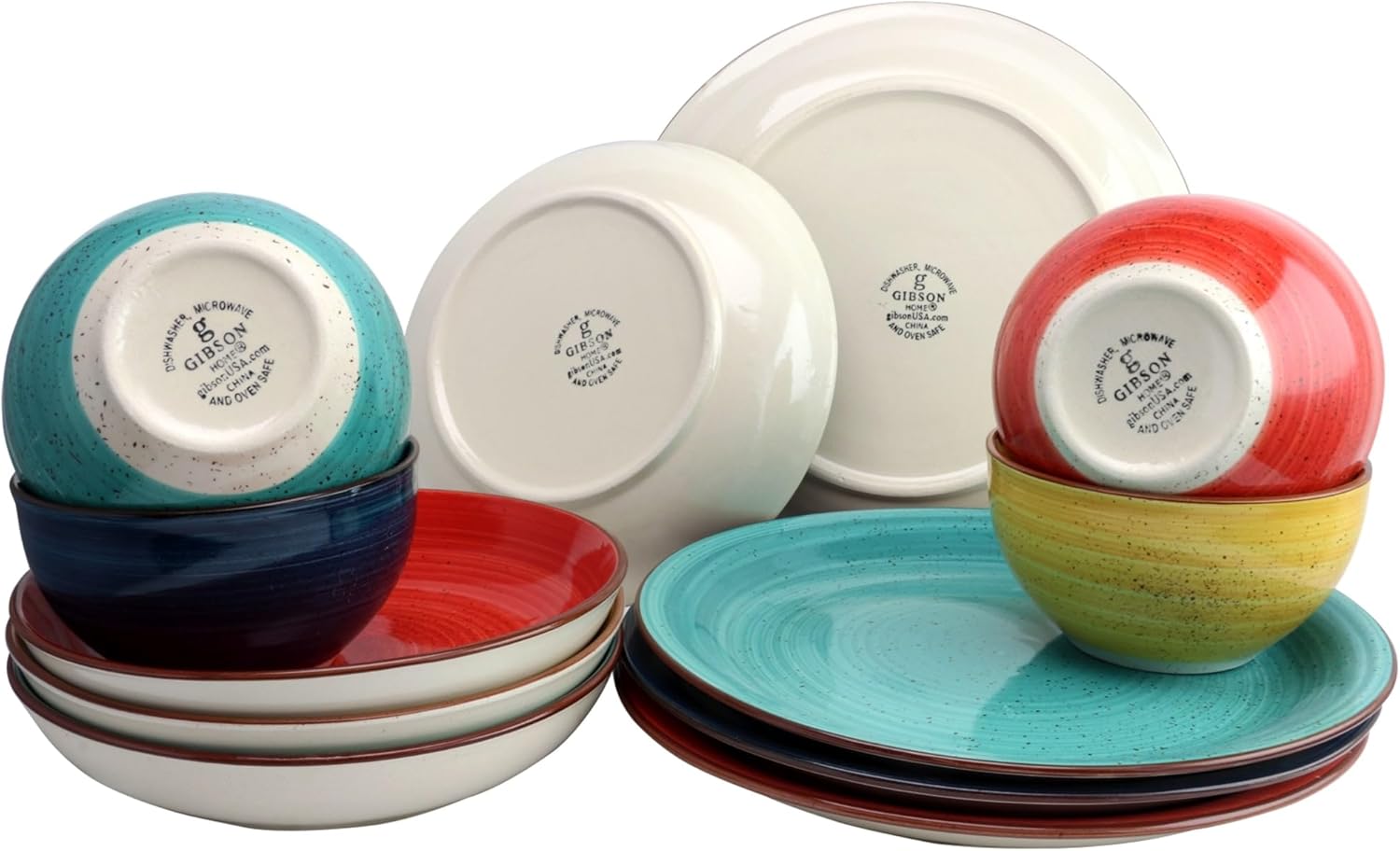Gibson Home Color Speckle 12-Piece Mix & Match Double Bowl Dinnerware Set, Multicolor
