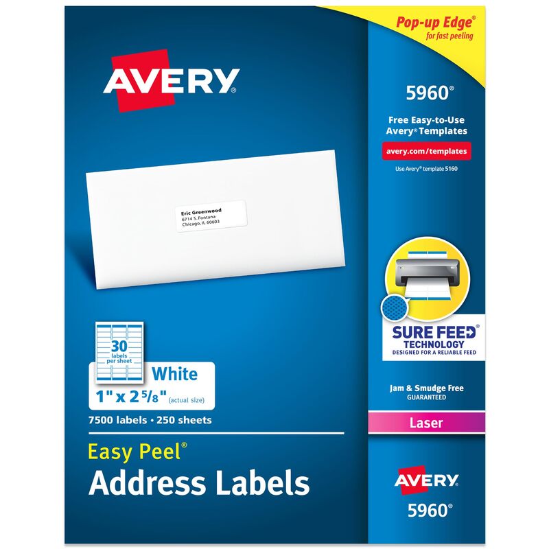 Avery Easy Peel Printable Address Labels with Sure Feed, 1" x 2-5/8" Customizable Stickers, White, 7,500 Blank Mailing Labels, Great for Mailing, Shipping, and More (5960) 7500 labels