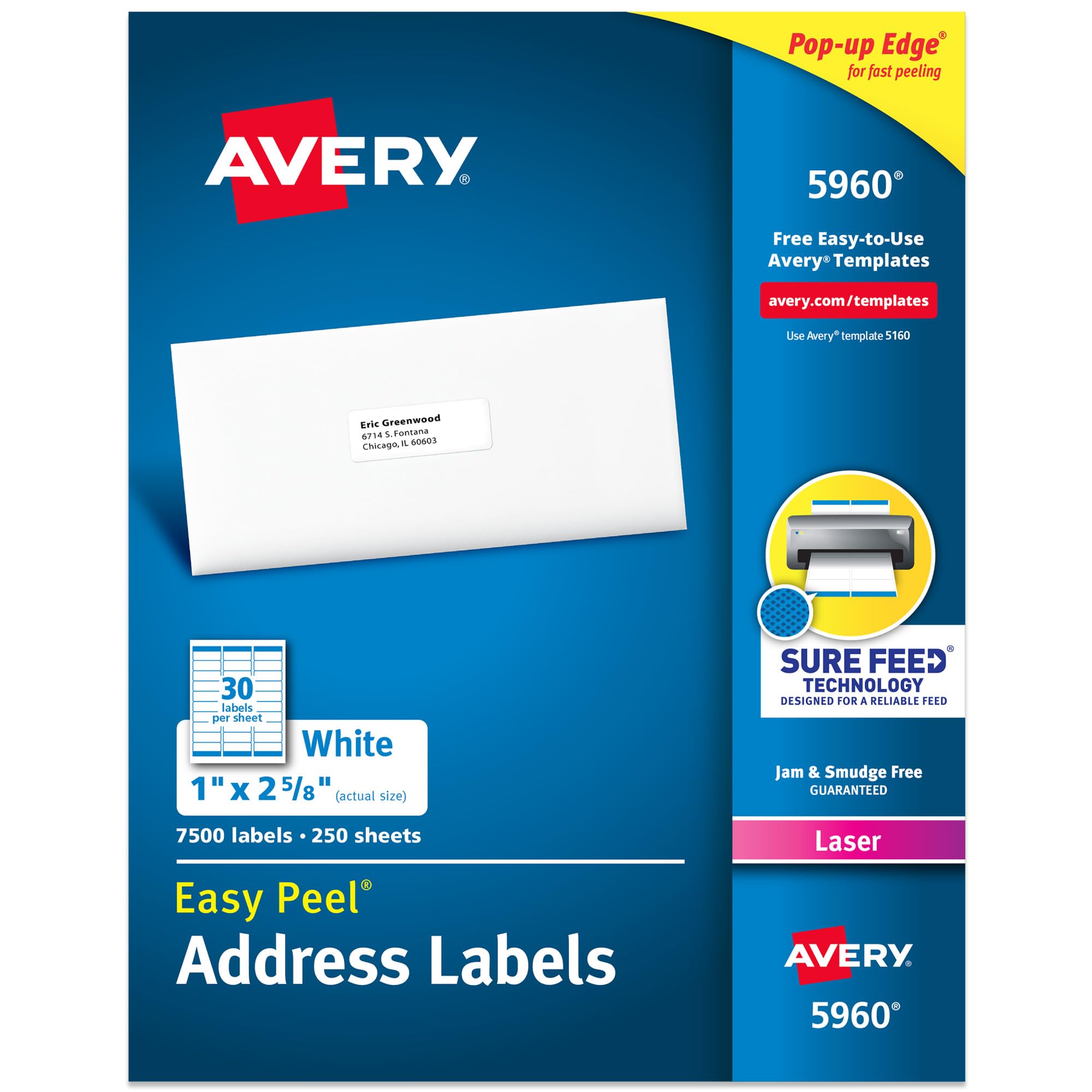 Avery Easy Peel Printable Address Labels with Sure Feed, 1" x 2-5/8" Customizable Stickers, White, 7