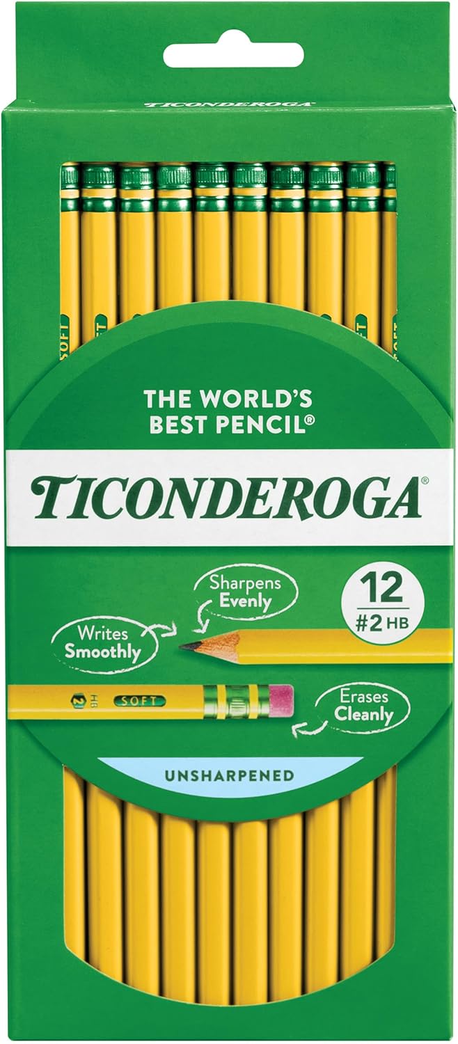 Ticonderoga Wood-Cased Pencils, Unsharpened, 2 HB Soft, Yellow, 12 Count