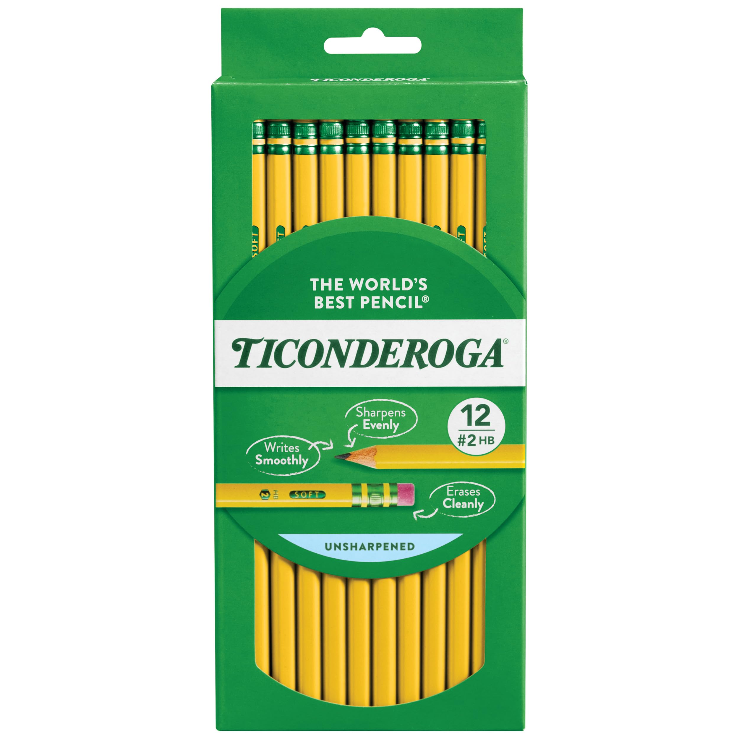 Ticonderoga Wood-Cased Pencils, Unsharpened, 2 HB Soft, Yellow, 12 Count