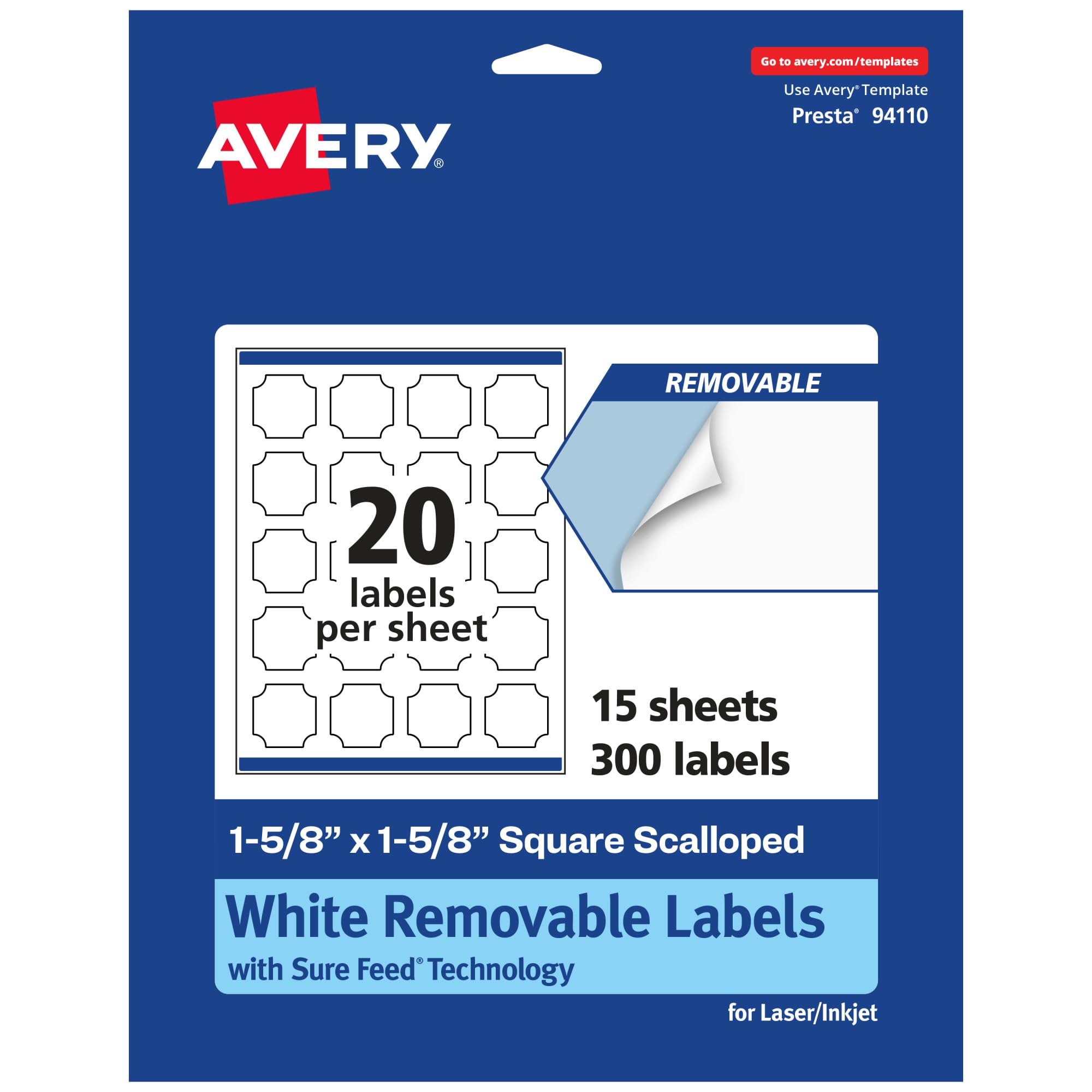 Avery Matte White Removable Square Scalloped Labels, Sure Feed Technology, Print-to-The-Edge, 1-5/8" x 1-5/8"