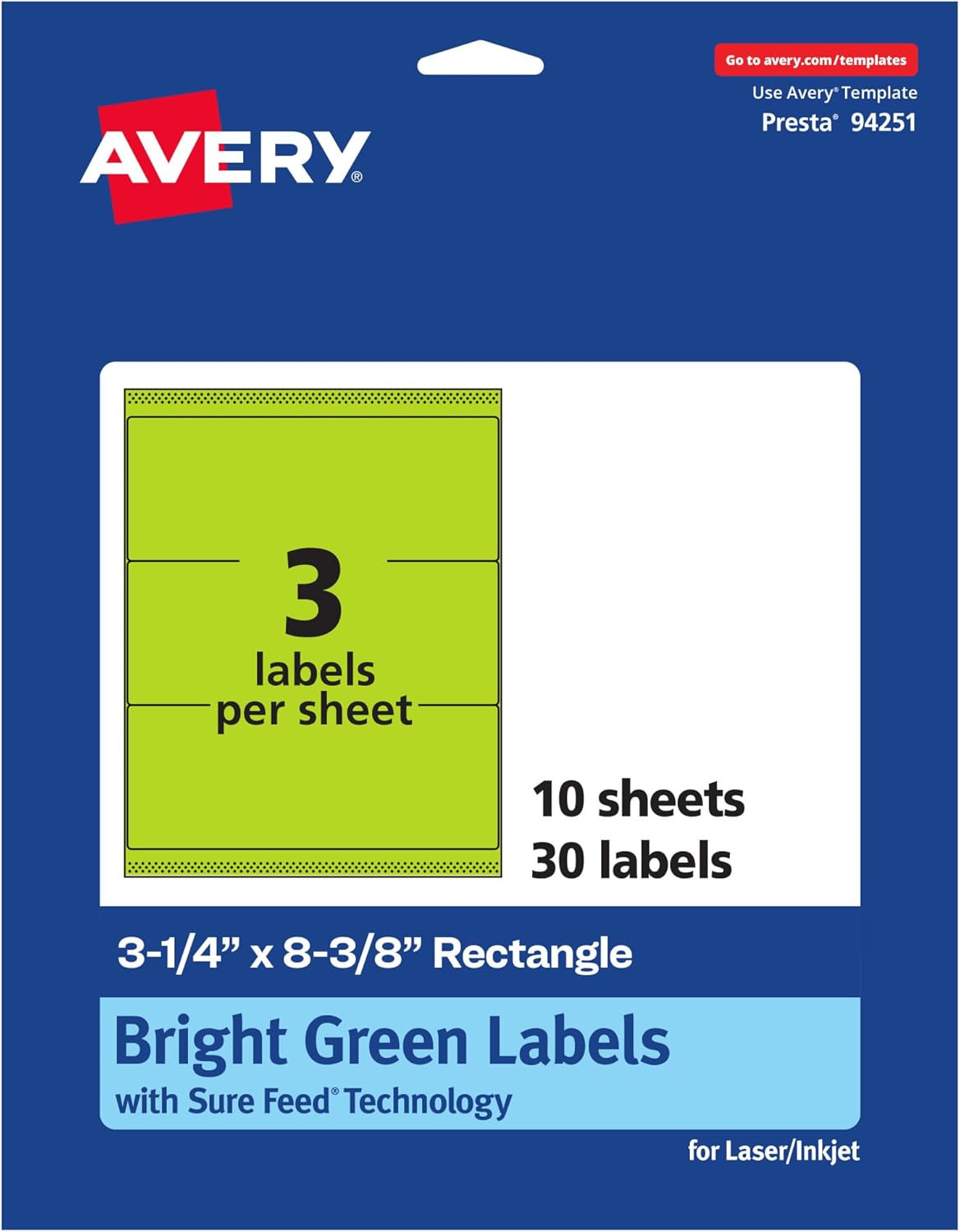 Avery Printable Rectangle Labels, Sure Feed Technology, 3-1/4 in. x 8-3/8 in., Bright Green, Laser/Inkjet Printable