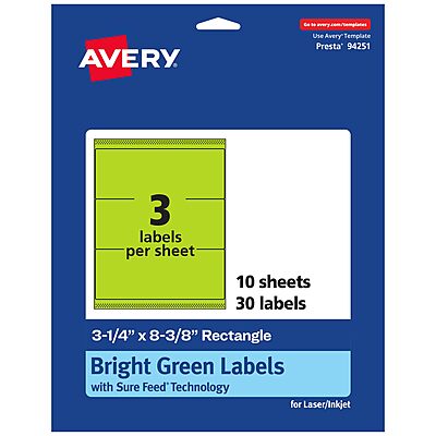 Avery Printable Rectangle Labels, Sure Feed Technology, 3-1/4 in. x 8-3/8 in., Bright Green, Laser/Inkjet Printable
