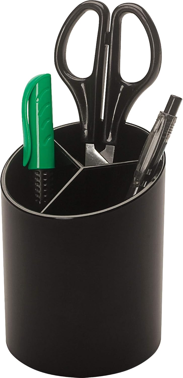 Business Source Large 3-Compartment Plastic Pencil Cup, 3inH x 3inW x 4.1inD, Plastic, Black