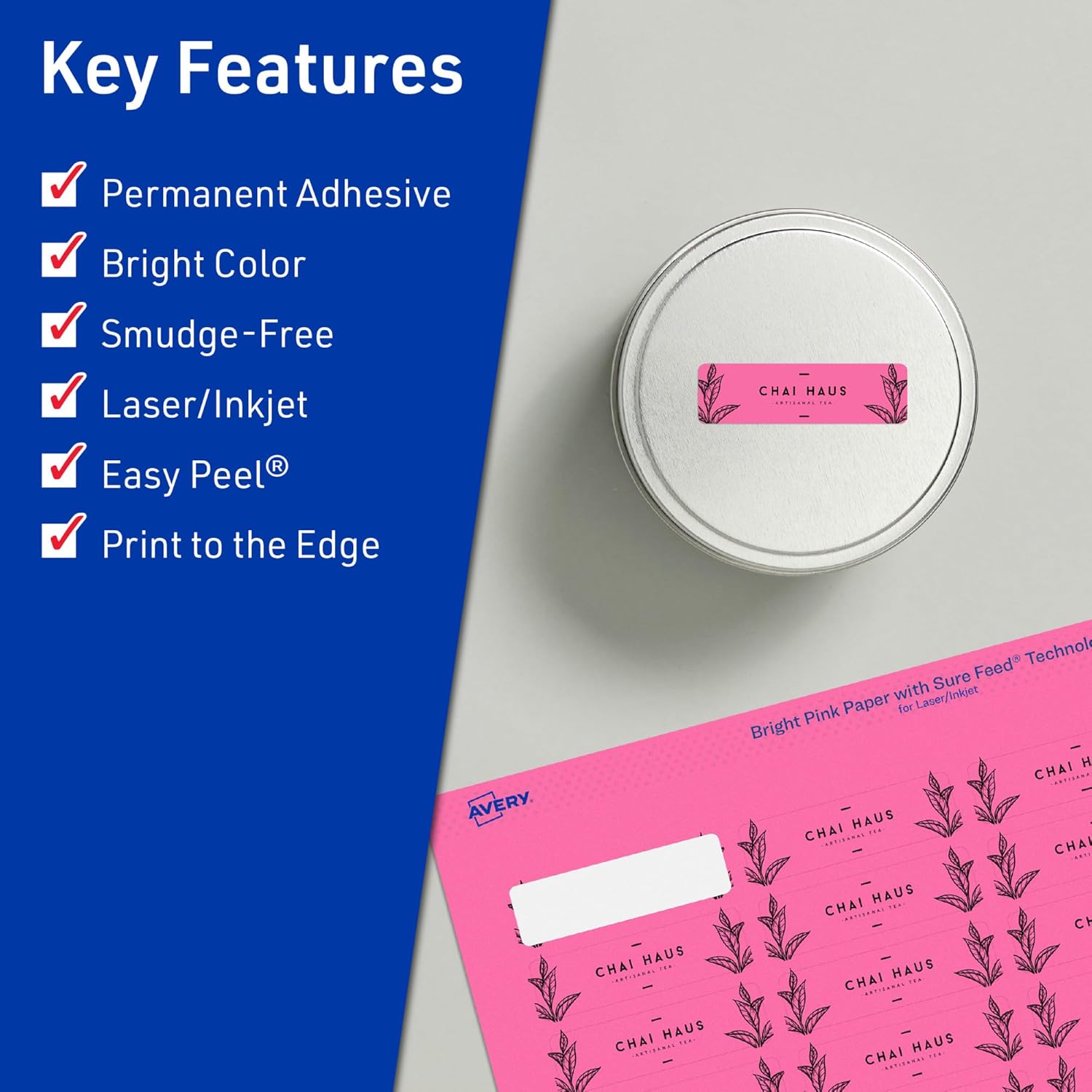 Avery Printable Rectangle Labels, Sure Feed Technology, 2/3" x 1-3/4", Bright Pink, Print-to-The-Edge, Laser/Inkjet Printable