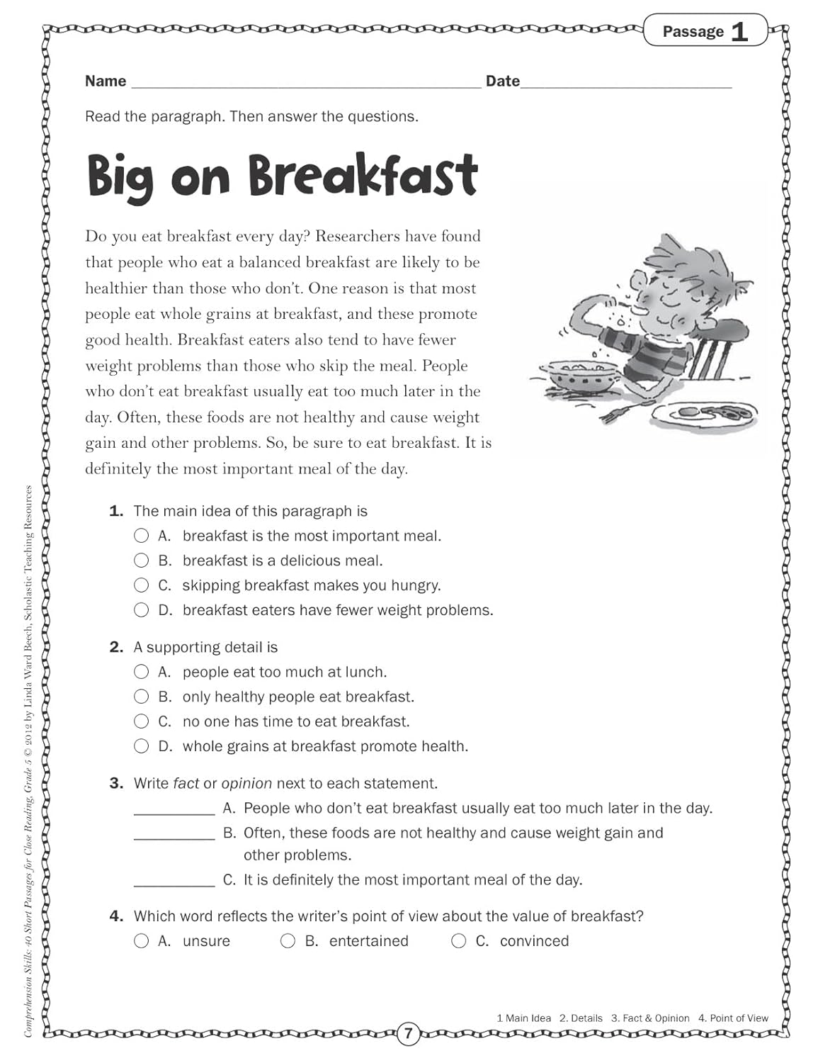 Scholastic Comprehension Skills: 40 Short Passages For Close Reading, Grade 5