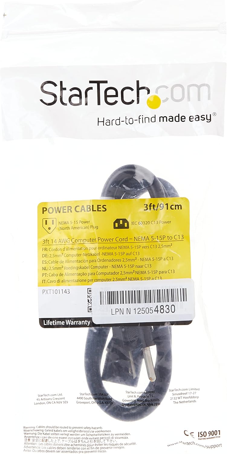 StarTech.com NEMA 5-15P to IEC 60320 C13 Computer Power Cord