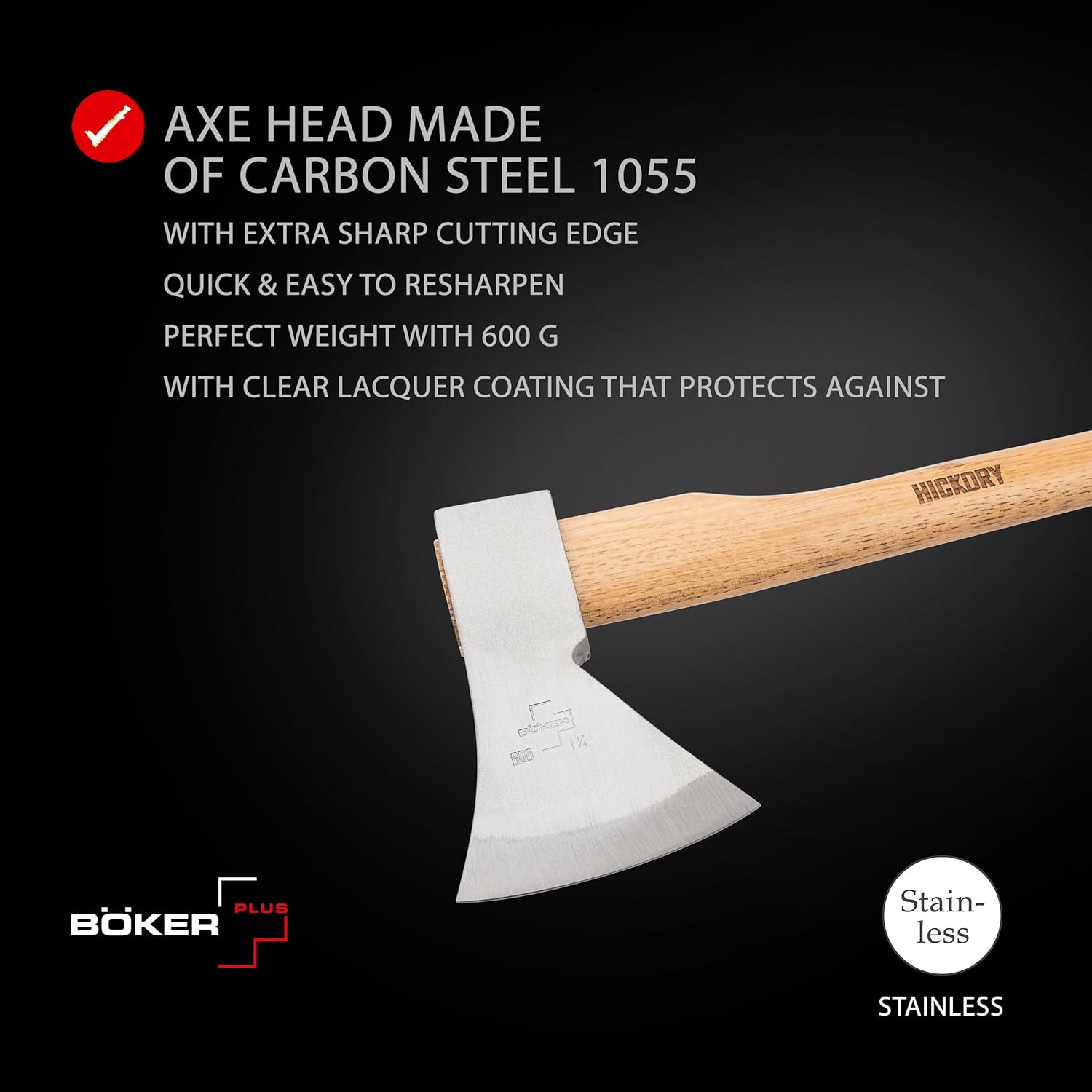 BÖKER PLUS® Appalachian Axe - Professional Bushcraft, Outdoor & Survival Axe - large carbon axe with hickory wood handle