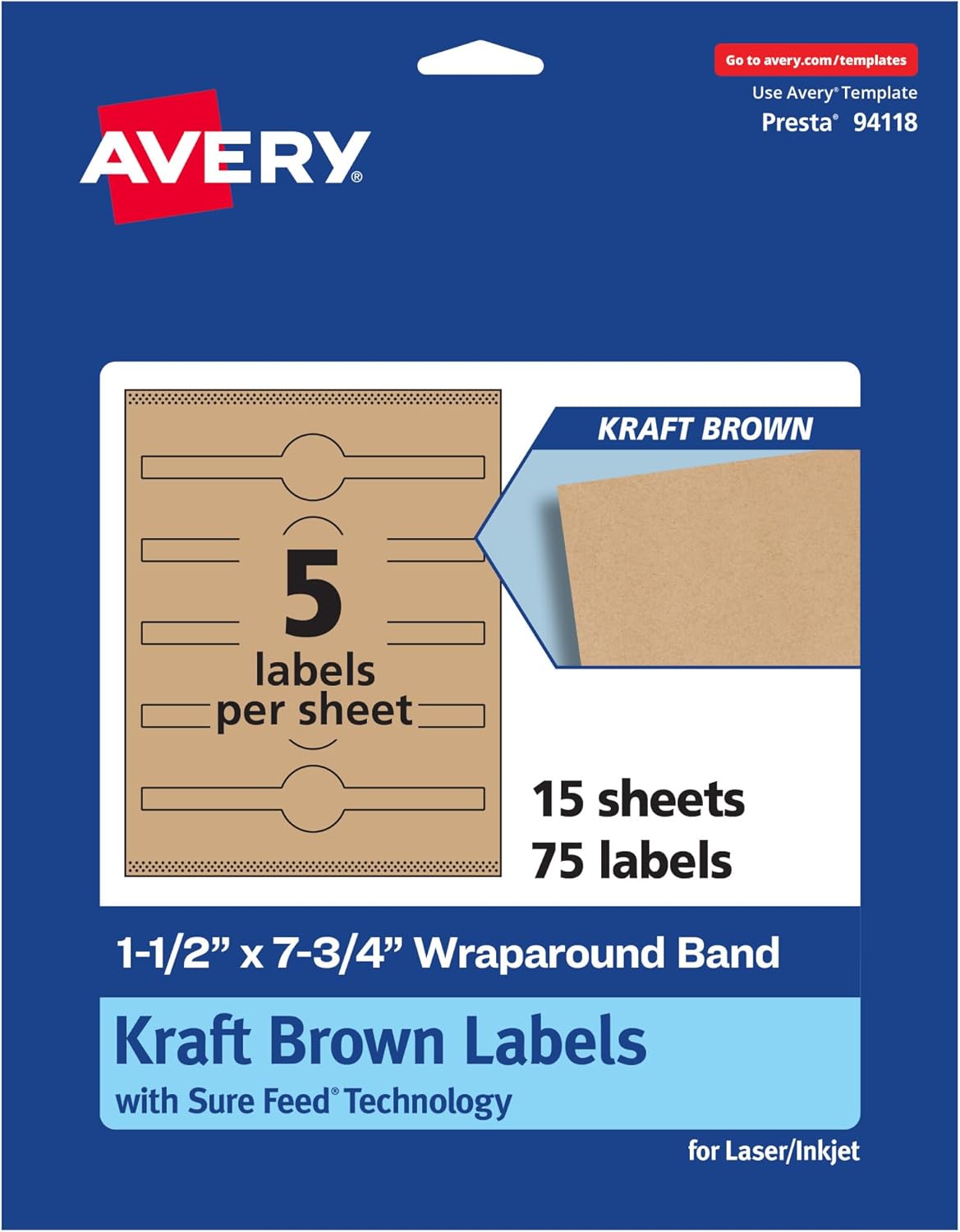 Avery Kraft Brown Wraparound Band Labels, Sure Feed Technology, 1.5 x 7.75, Cigar Band Labels