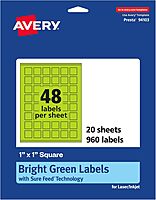 Avery Printable Square Labels, Sure Feed Technology, 1" x 1", Bright Green, Print-to-The-Edge, Laser/Inkjet Printable