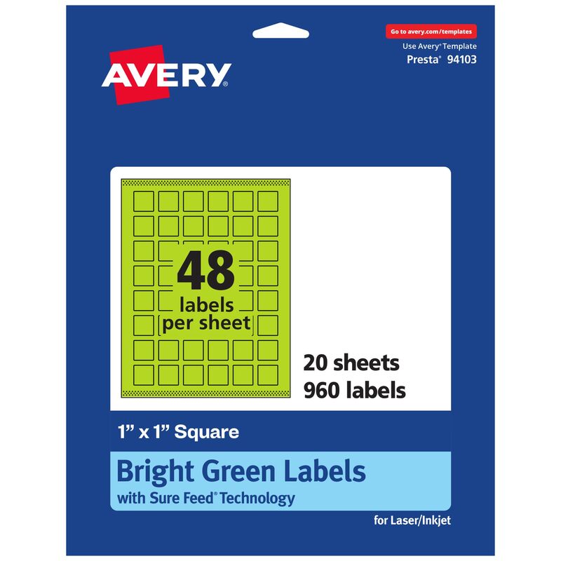 Avery Printable Square Labels, Sure Feed Technology, 1" x 1", Bright Green, Print-to-The-Edge, Laser/Inkjet Printable