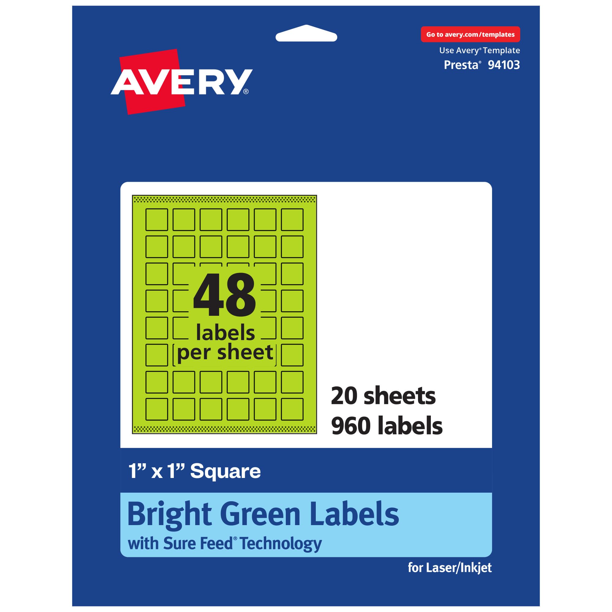Avery Printable Square Labels, Sure Feed Technology, 1" x 1", Bright Green, Print-to-The-Edge, Laser/Inkjet Printable
