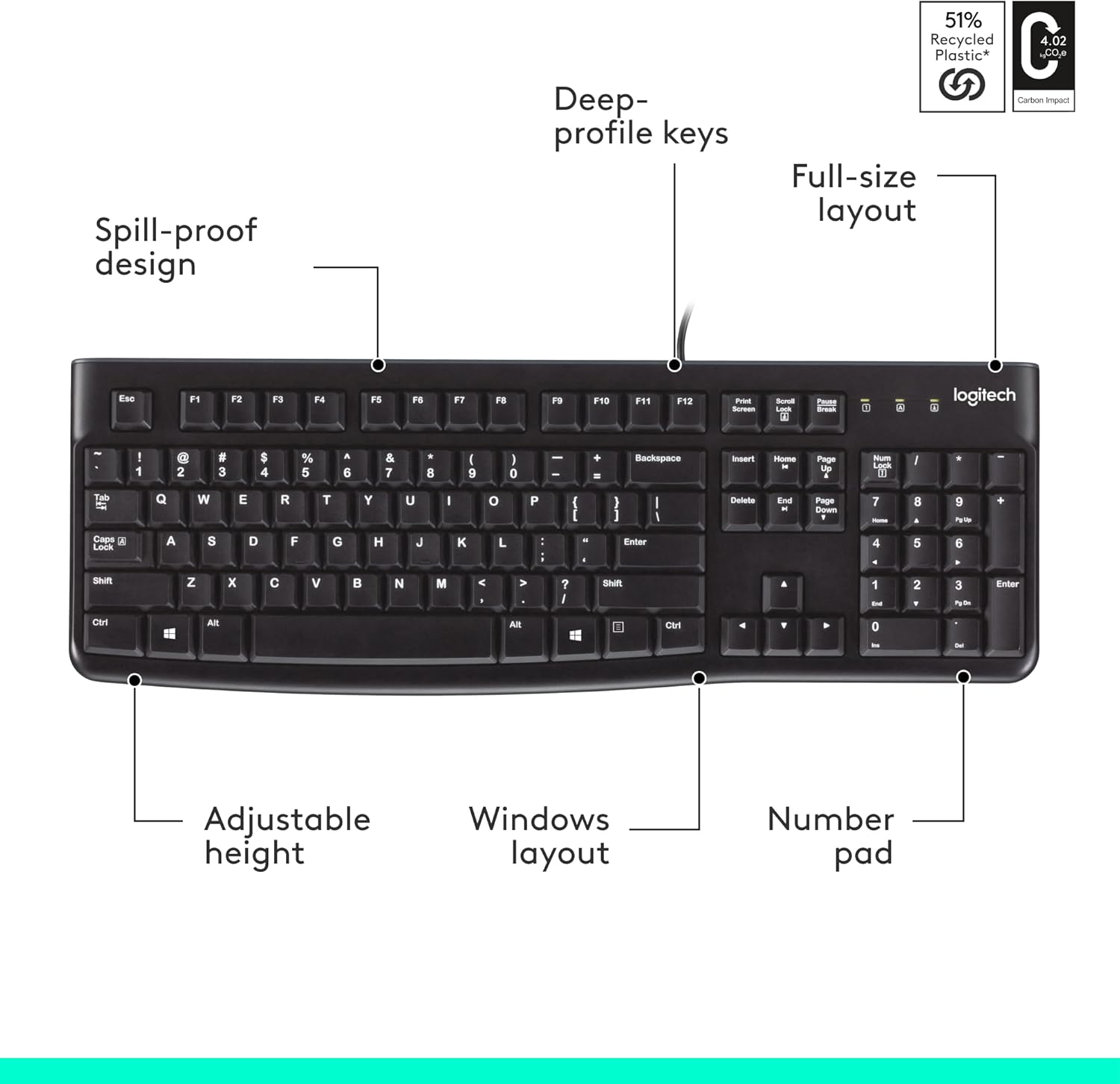 Logitech K120 Wired Keyboard for Windows, Plug and Play, Full-Size, Spill-Resistant, Curved Space Bar, Compatible with PC
