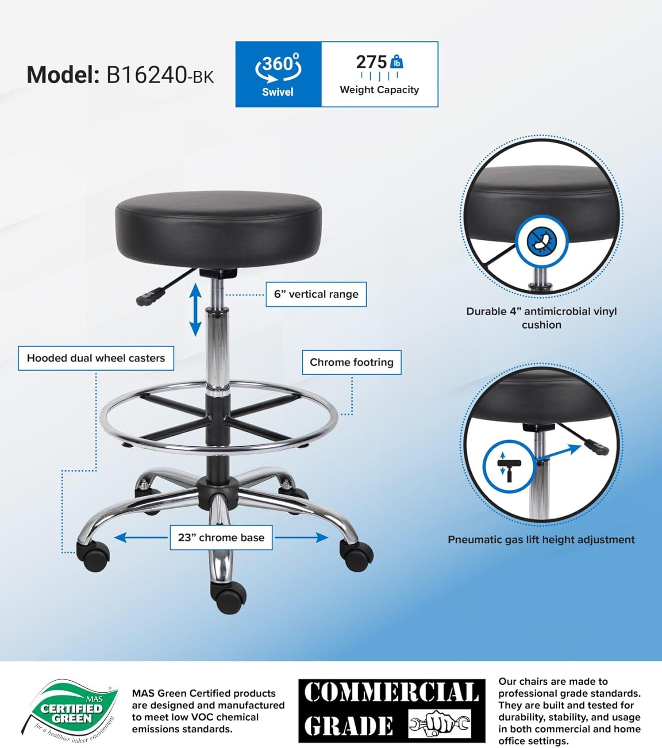 Boss Office Products Medical Stool With Foot Ring And Antimicrobial Vinyl, 34inH x 25inW X 25inD, Black/Chrome