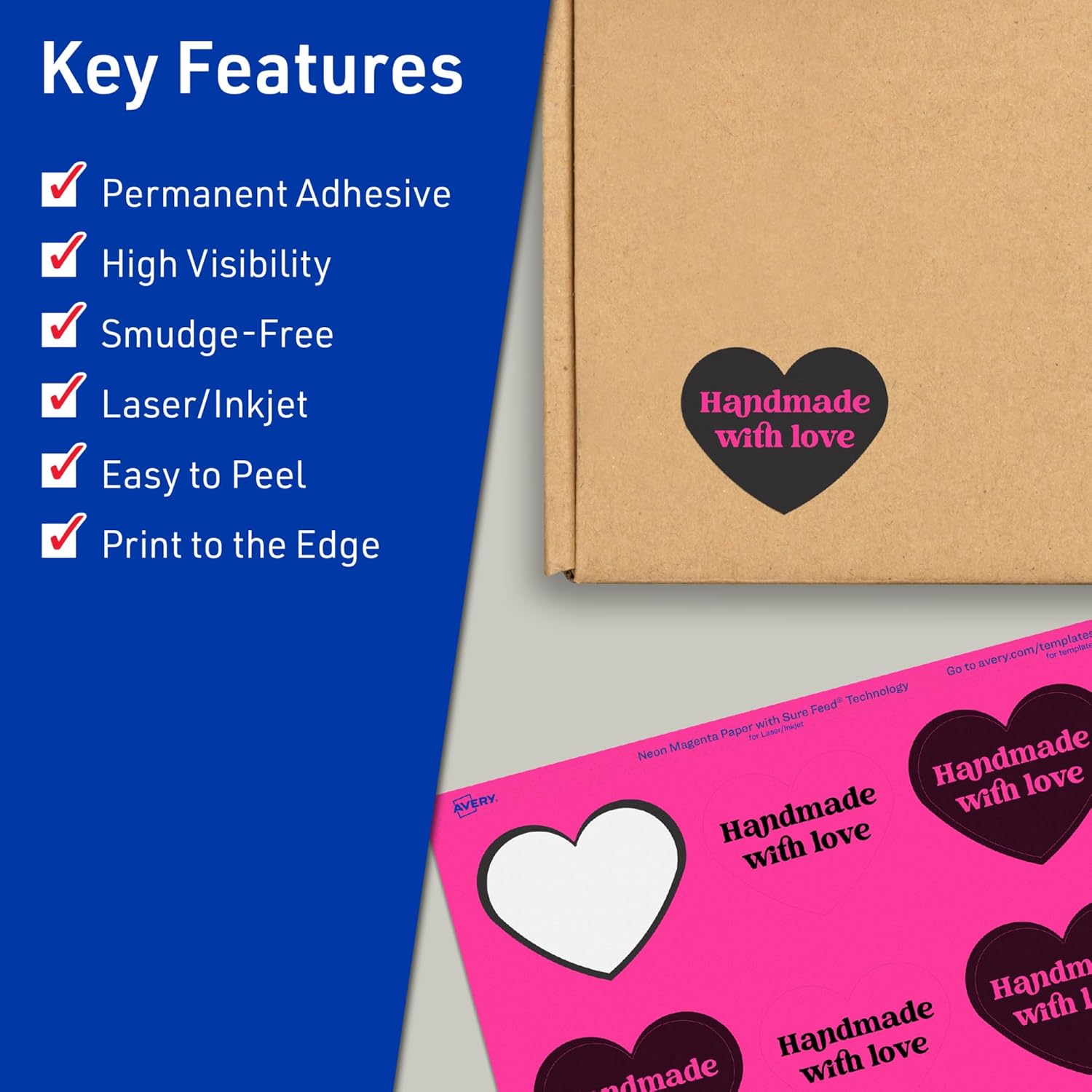 AVERY Printable Heart Labels, Sure Feed Technology, Print-to-The-Edge, Laser/Inkjet