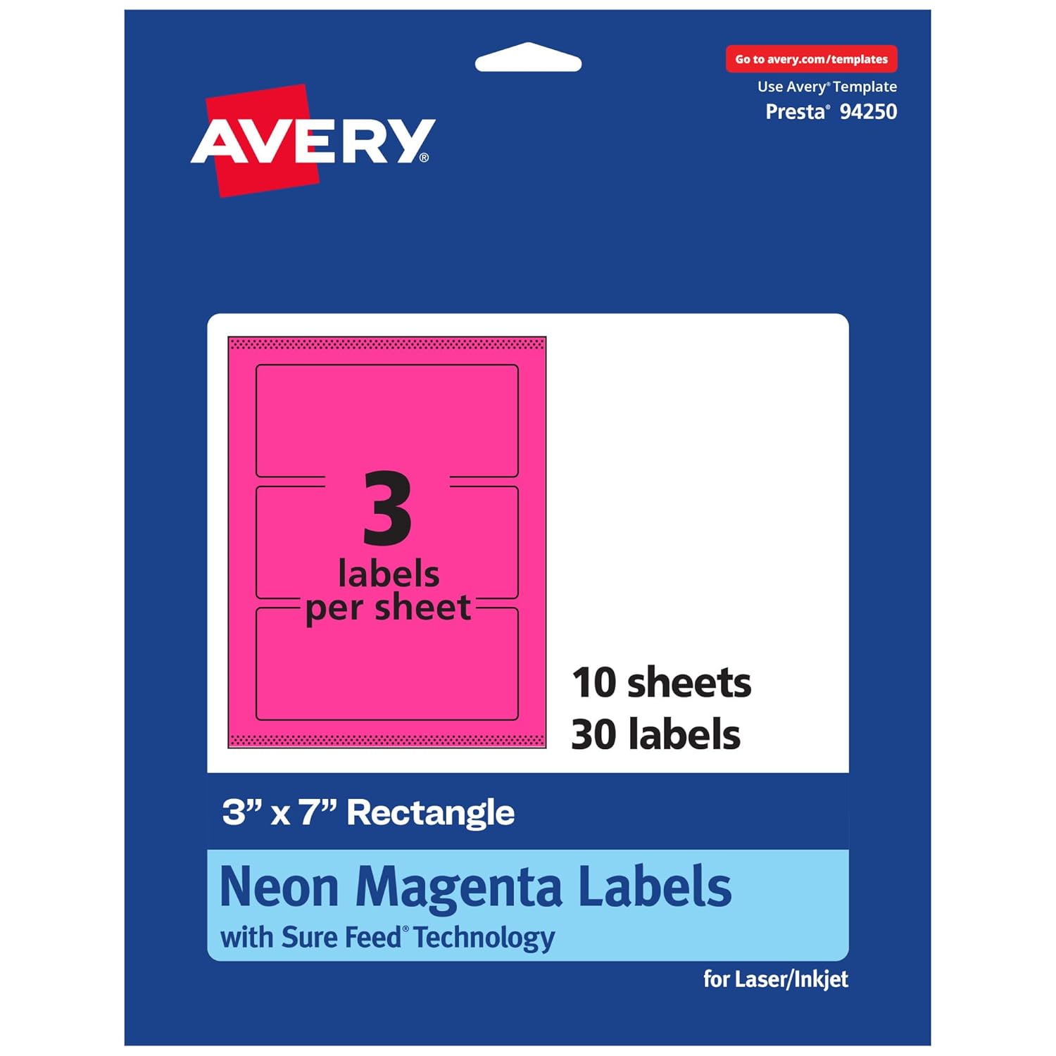 Avery Printable Rectangle Labels, Sure Feed Technology, 3" x 7", Neon Magenta Labels, Print-to-The-Edge