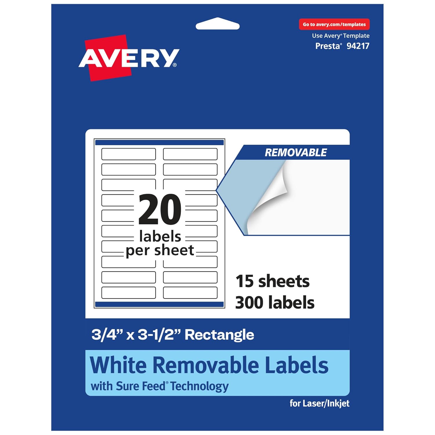 Avery Matte White Removable Rectangle Labels, 0.75" x 3.5", Sure Feed Technology, Print-to-The-Edge, Laser/Inkjet Printable