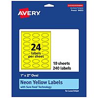Avery Printable Oval Labels, Sure Feed Technology, 1" x 2", Neon Yellow Labels, Print-to-The-Edge, Laser/Inkjet Printable
