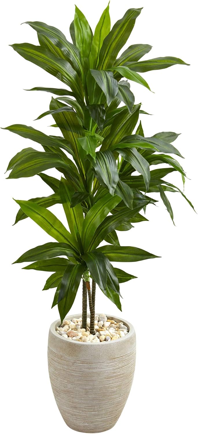 Nearly Natural 4ft. Dracaena Artificial Plant in Sand Colored Planter (Real Touch), Green