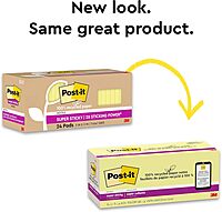 Post-it 100% Recycled Paper Super Sticky Notes, 3 in. x 3 in., 24 Pads/Pack, 70 Sheets/Pad
