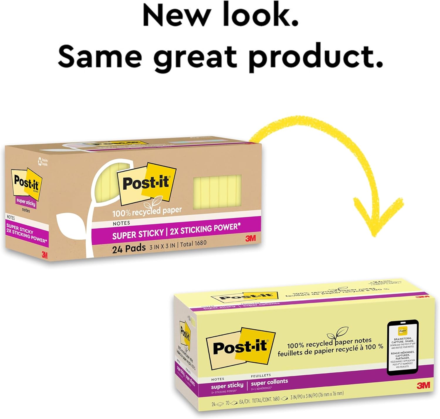 Post-it 100% Recycled Paper Super Sticky Notes, 3 in. x 3 in., 24 Pads/Pack, 70 Sheets/Pad
