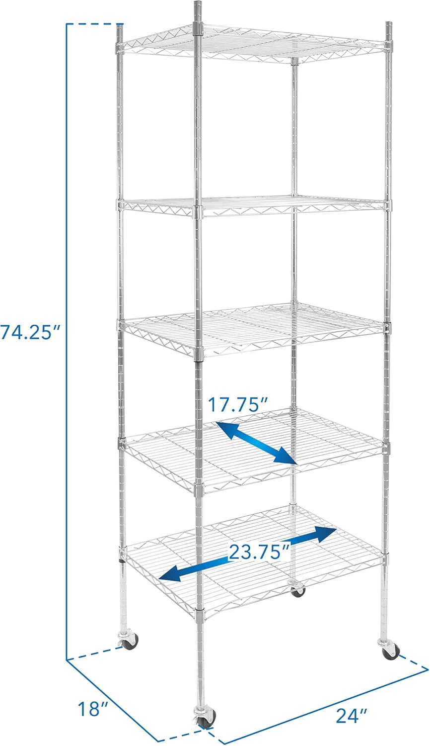 Mount-It! 5 Tier Chrome Wire Shelving on Wheels, Versatile, Adjustable Shelf Height Metal Storage Organizer for Kitchen