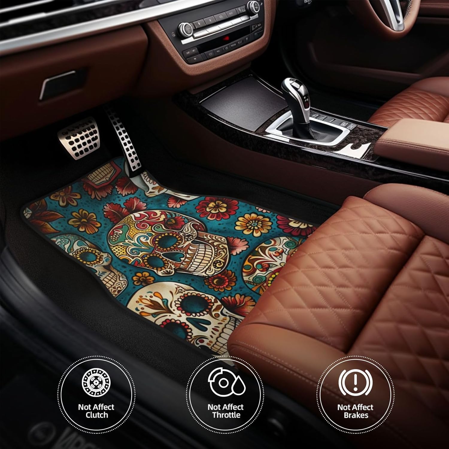 Sugar Skulls Print Printed Car Floor Mats Set of 4 Pieces | Floor Mats Protection for Cars Full Sets | Non-Slip & Waterproof