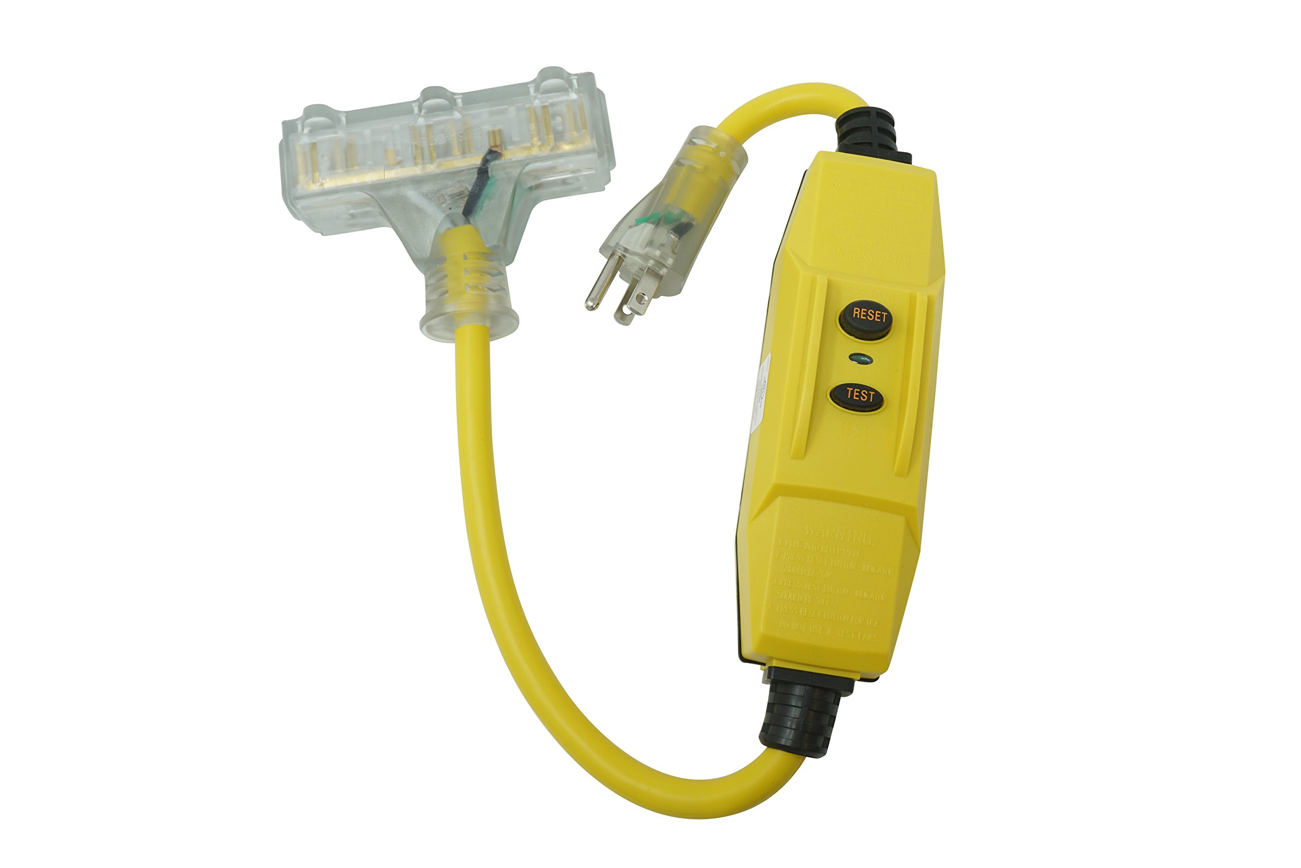 TRC 26020008-6 12/3 Gauge Shockshield GFCI Protected In-line Tri-Cord Set with 3-Outlets; 2-Feet; 15-Amp; Yellow 1 Pack